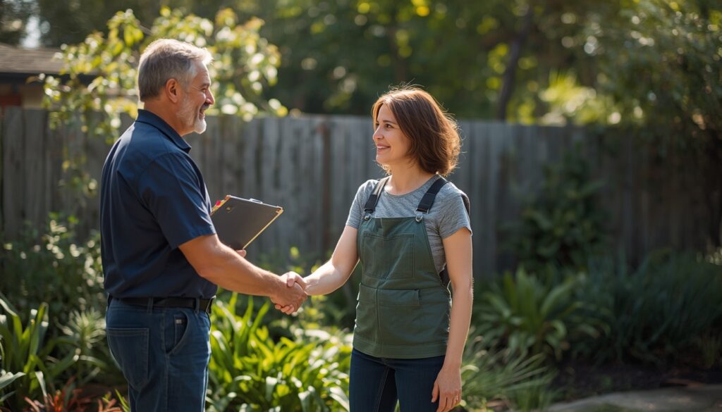 Gardener shaking hands with a homeowner after discussing a garden maintenance quote in Sydney