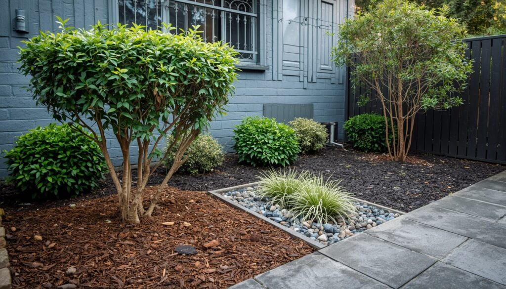 Low-maintenance garden with mulched beds outside a Sydney townhouse, ideal for downsizing