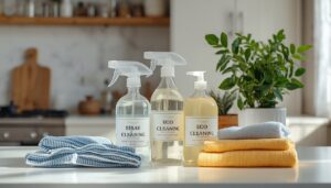 Eco-friendly natural cleaning products on a kitchen counter in a Sydney home