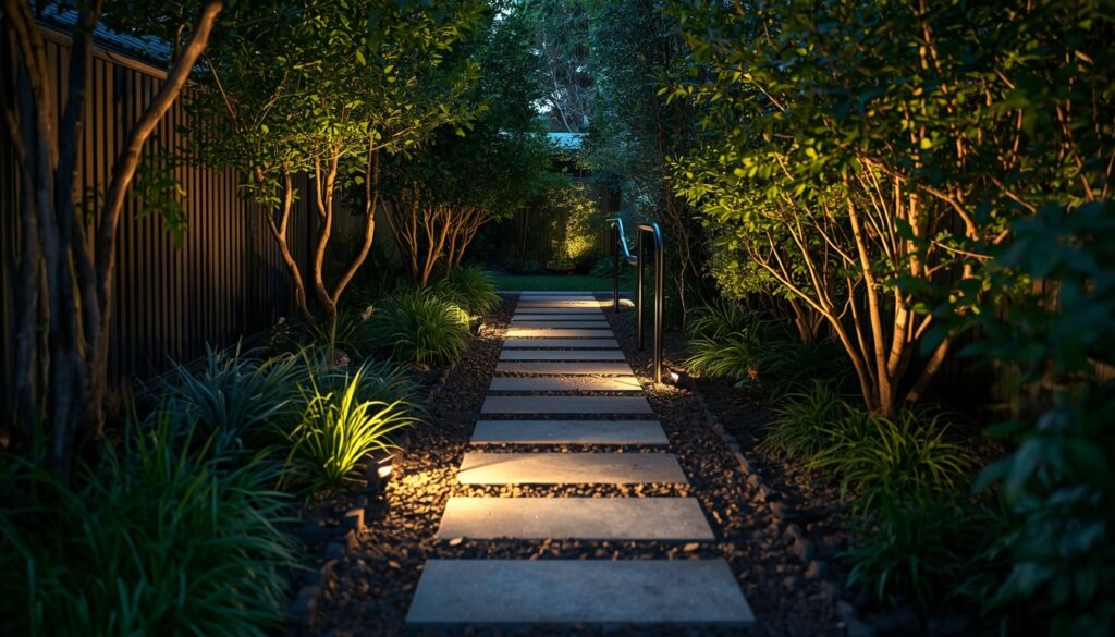 Safe, well-lit garden path with non-slip pavers designed to prevent falls for elderly residents