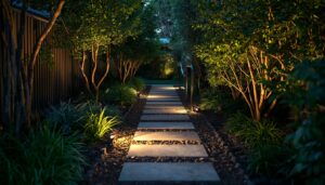 Safe, well-lit garden path with non-slip pavers designed to prevent falls for elderly residents