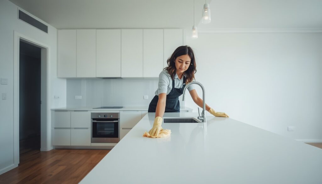 Professional cleaner wiping down a kitchen countertop during end of lease cleaning in Sydney