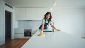 Professional cleaner wiping down a kitchen countertop during end of lease cleaning in Sydney