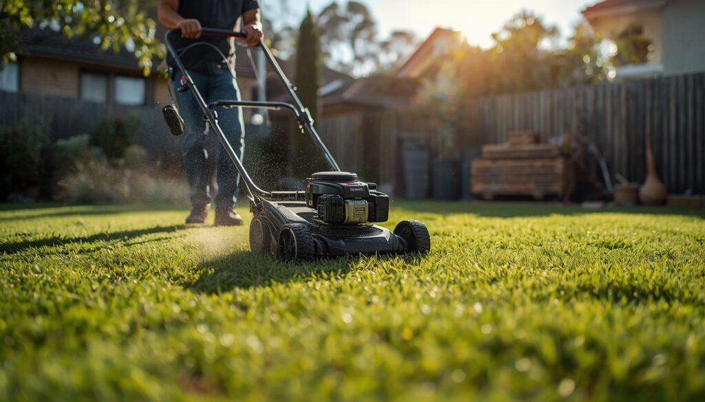 Gardener mowing a lush lawn in a sunny Sydney backyard, Auzitrade Services garden maintenance