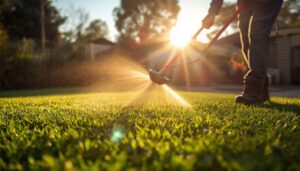Gardener spreading fertiliser on a lawn in Sydney during the best season for mowing and feeding