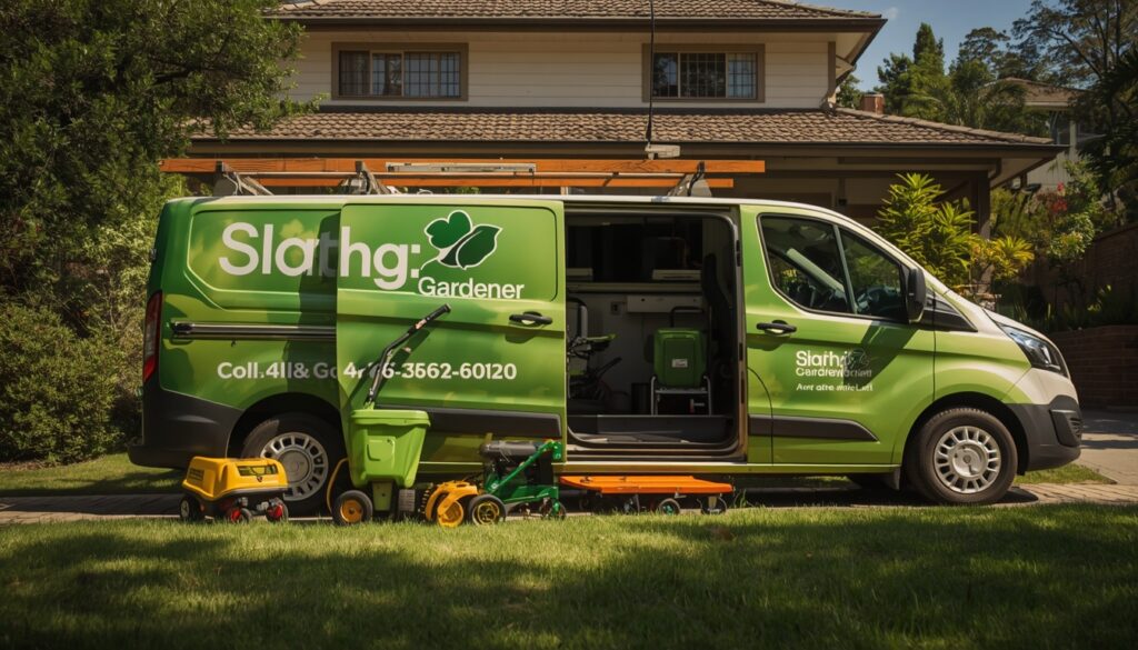 Local gardener's van with lawn equipment parked in front of a Sydney home