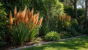 Lush native Australian garden with grevillea and bottlebrush plants in a Sydney backyard