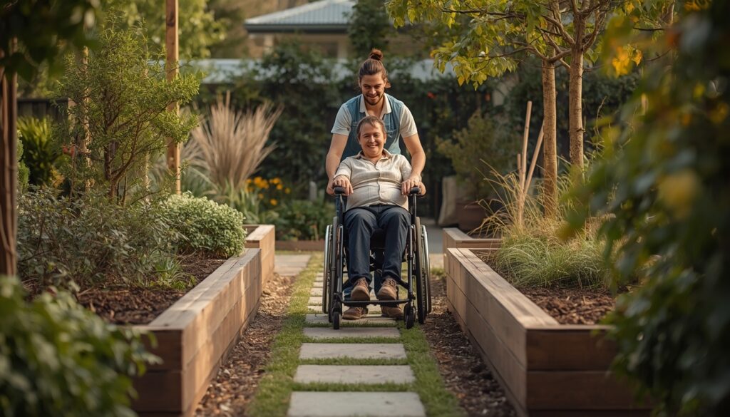 Gardener assisting a wheelchair user on an accessible garden path in Sydney under NDIS support