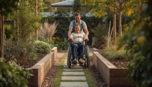 Gardener assisting a wheelchair user on an accessible garden path in Sydney under NDIS support