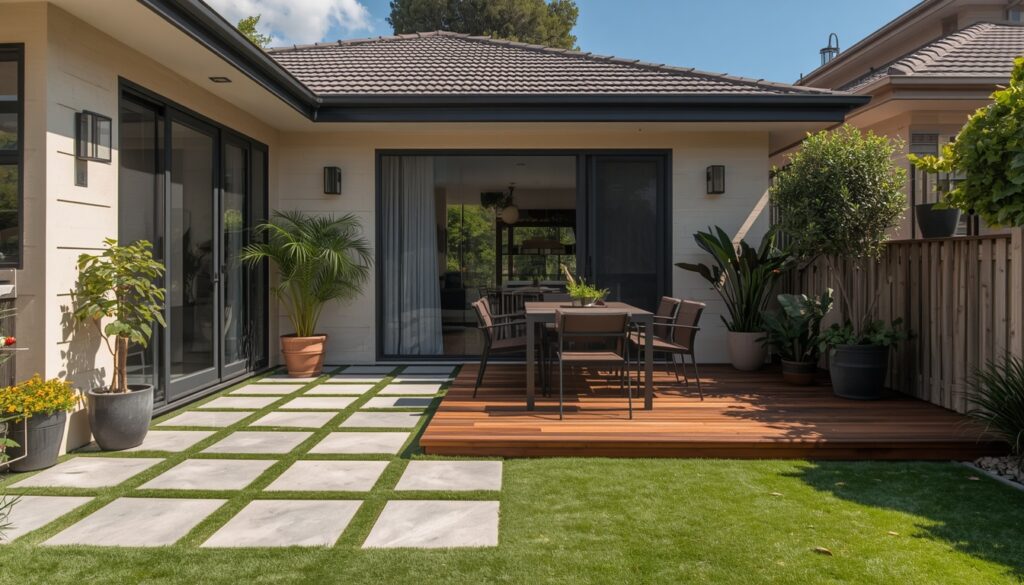 Sydney backyard patio comparing stone paving and timber decking