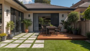 Sydney backyard patio comparing stone paving and timber decking