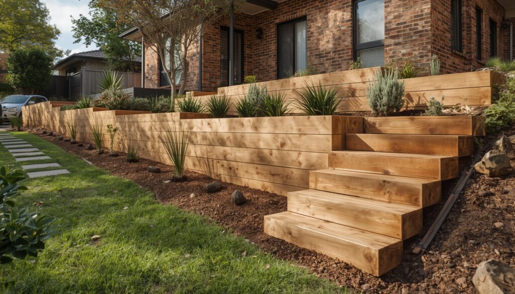 Newly built timber retaining wall in a sloped Sydney backyard