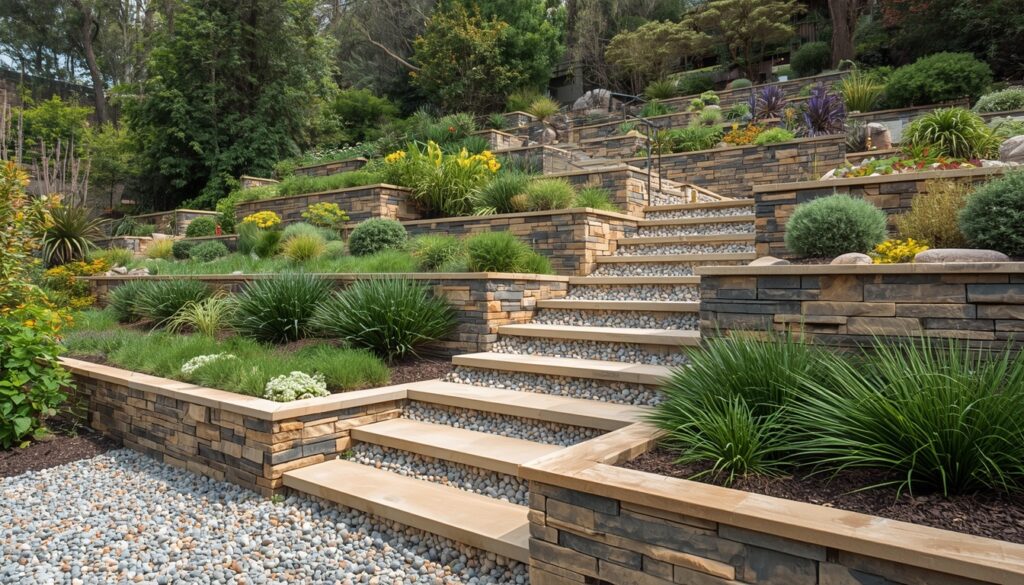 Terraced landscaped garden with retaining walls on a steep sloped block in Sydney