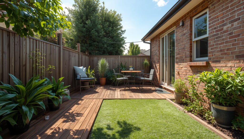 Small stylish Sydney backyard with timber deck and budget-friendly landscaping