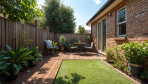 Small stylish Sydney backyard with timber deck and budget-friendly landscaping