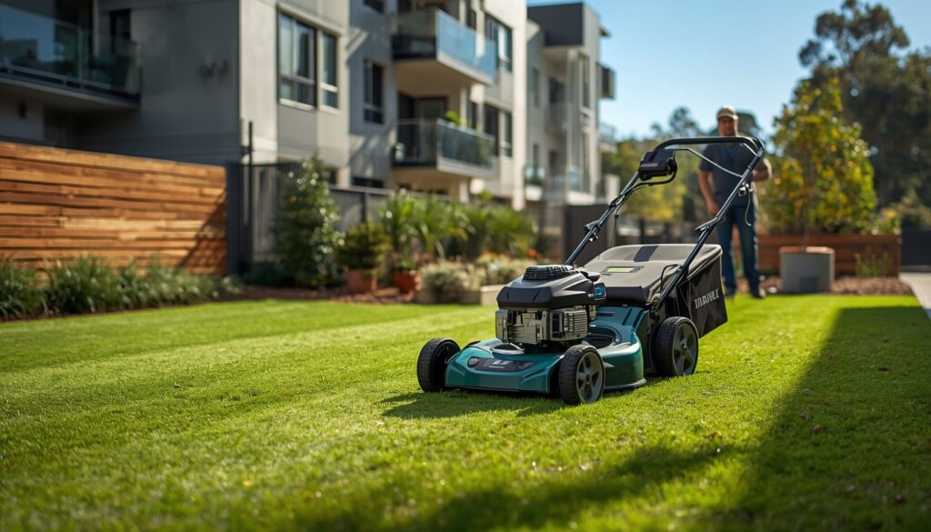 Lawn mower on a communal lawn at a Sydney strata apartment complex